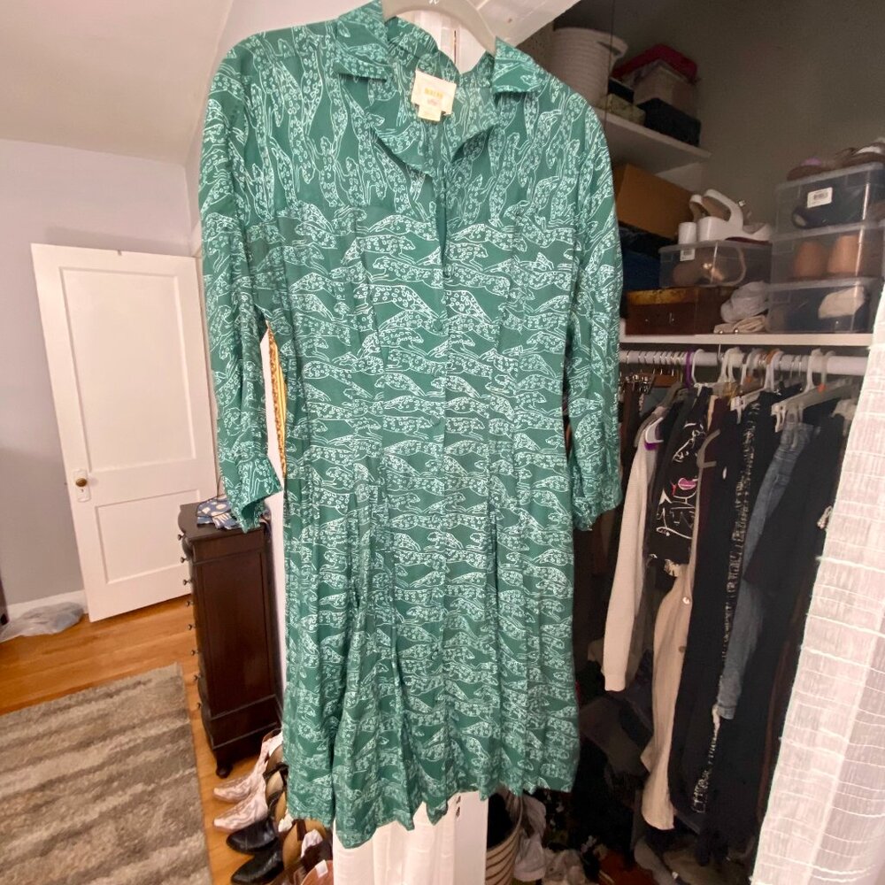 Maeve Anthropologie Green Fit n Flare Shirt Dress with Jaguar Print - Size Small